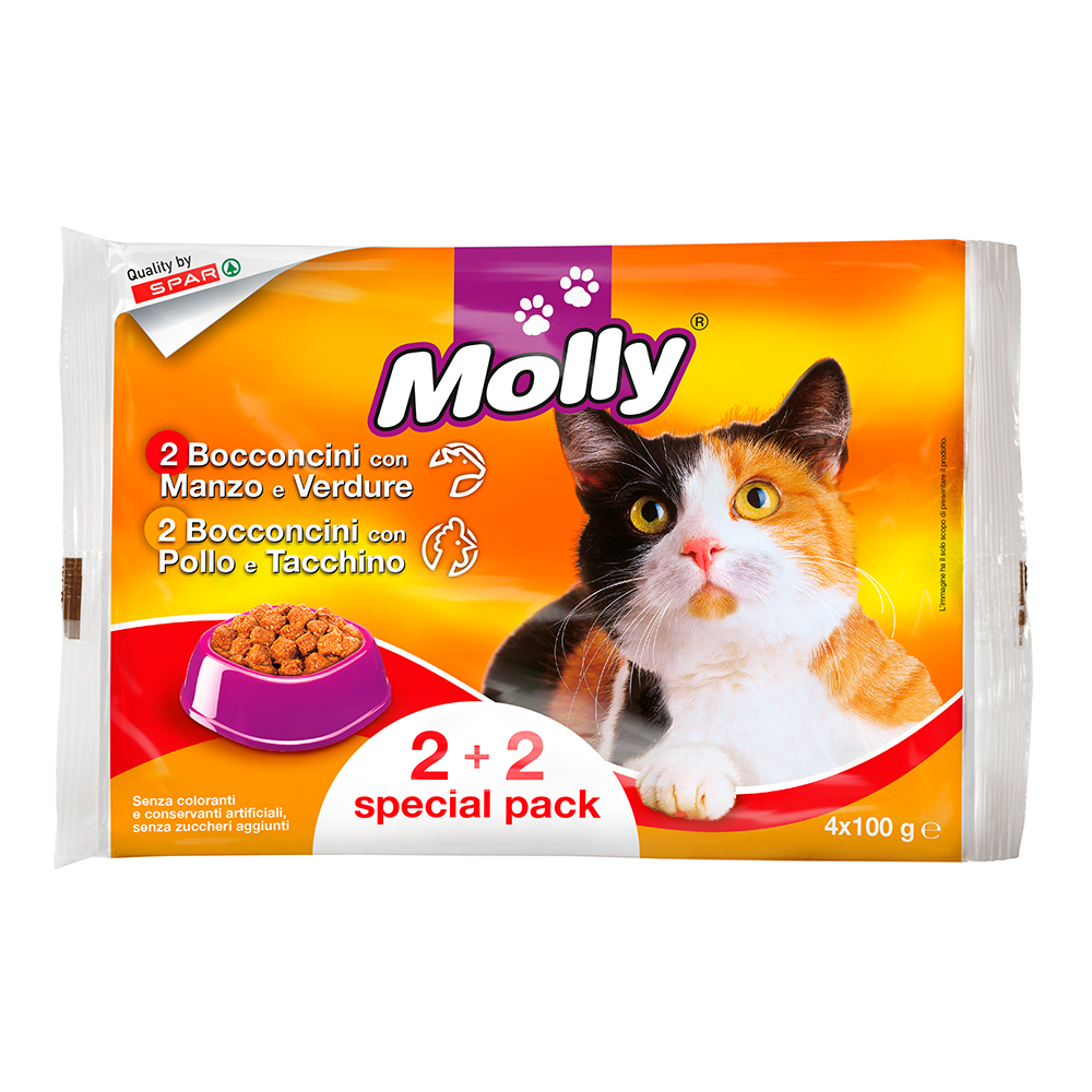 Bocconcini special 2+2 pack manzo e verdure, pollo e tacchino linea prodotti a marchio Despar Molly