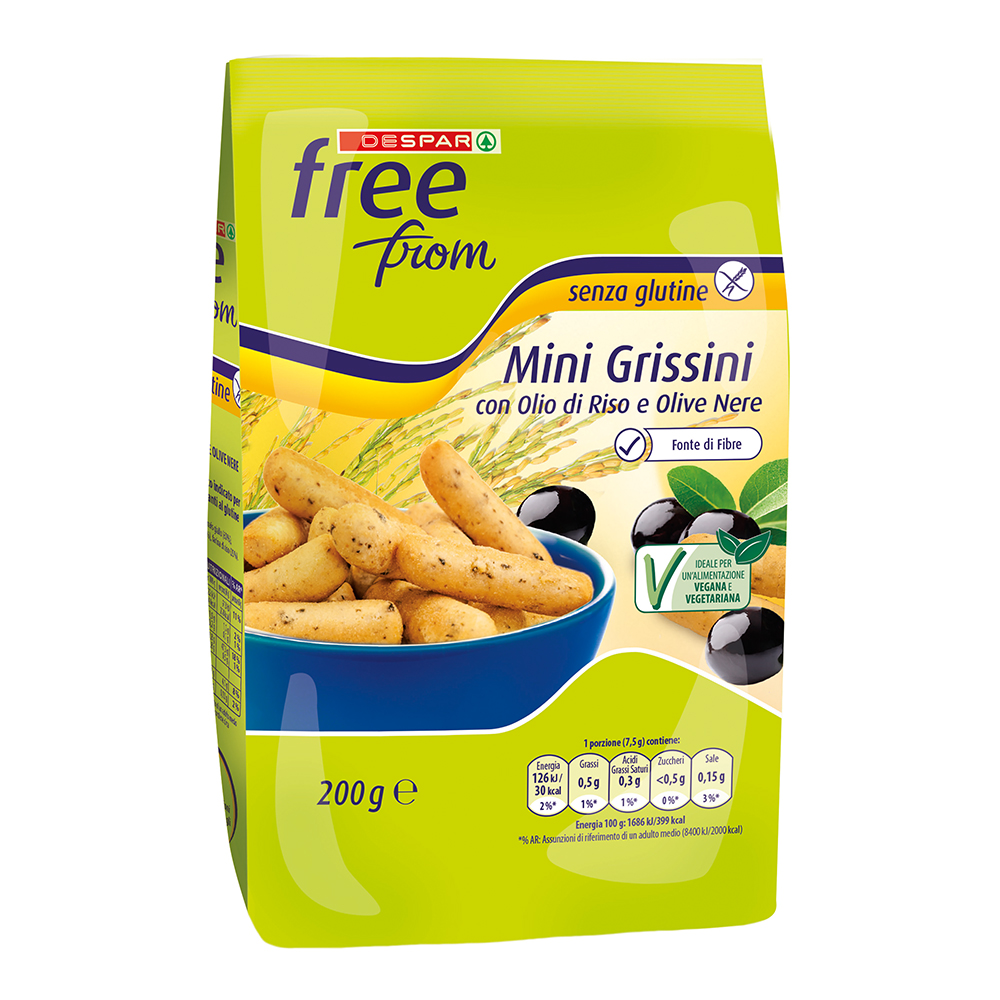 Mini grissini con olio di riso e olive nere linea prodotti a marchio Despar Free From